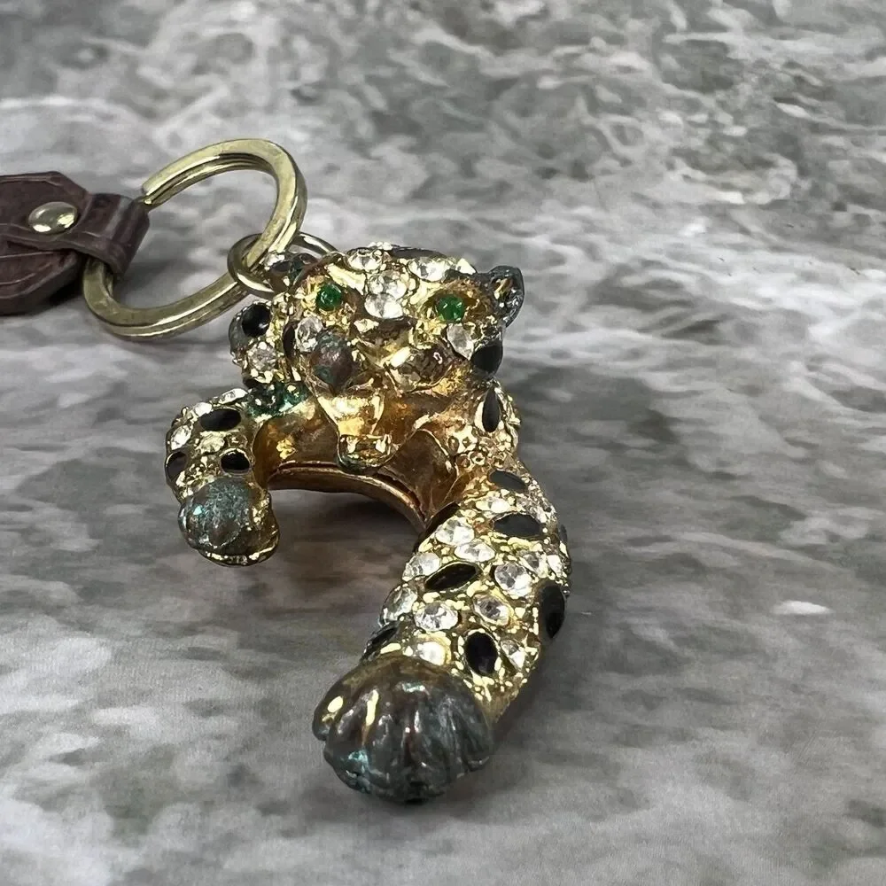 VTG Panther Leopard Keychain Clasp Gold Tone Crystal Rhinestones Enamel